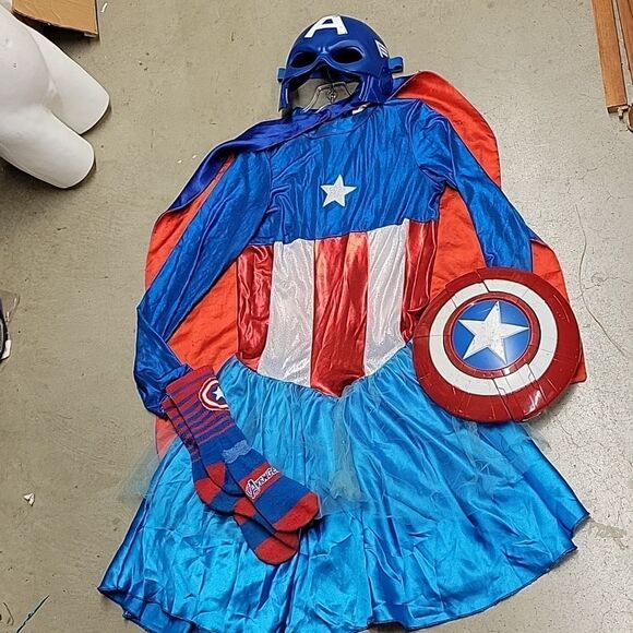 Captain America dress, cape, shield, socks, mask Childs Large 12-14 - Picture 1 of 12